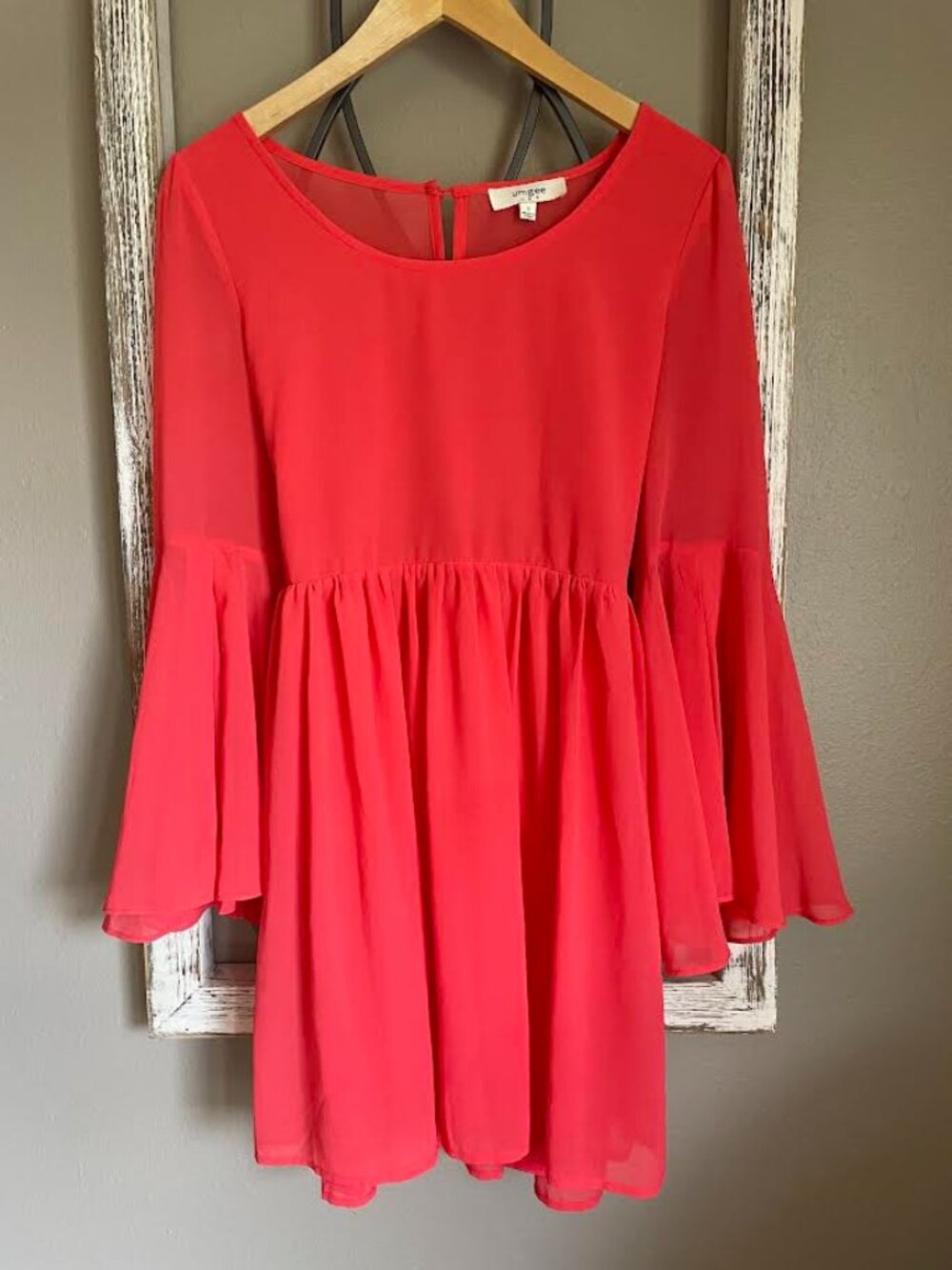 Vintage Style Umgee USA Bell Sleeve Babydoll Dress, Coral Red, Boho Chic, Size S